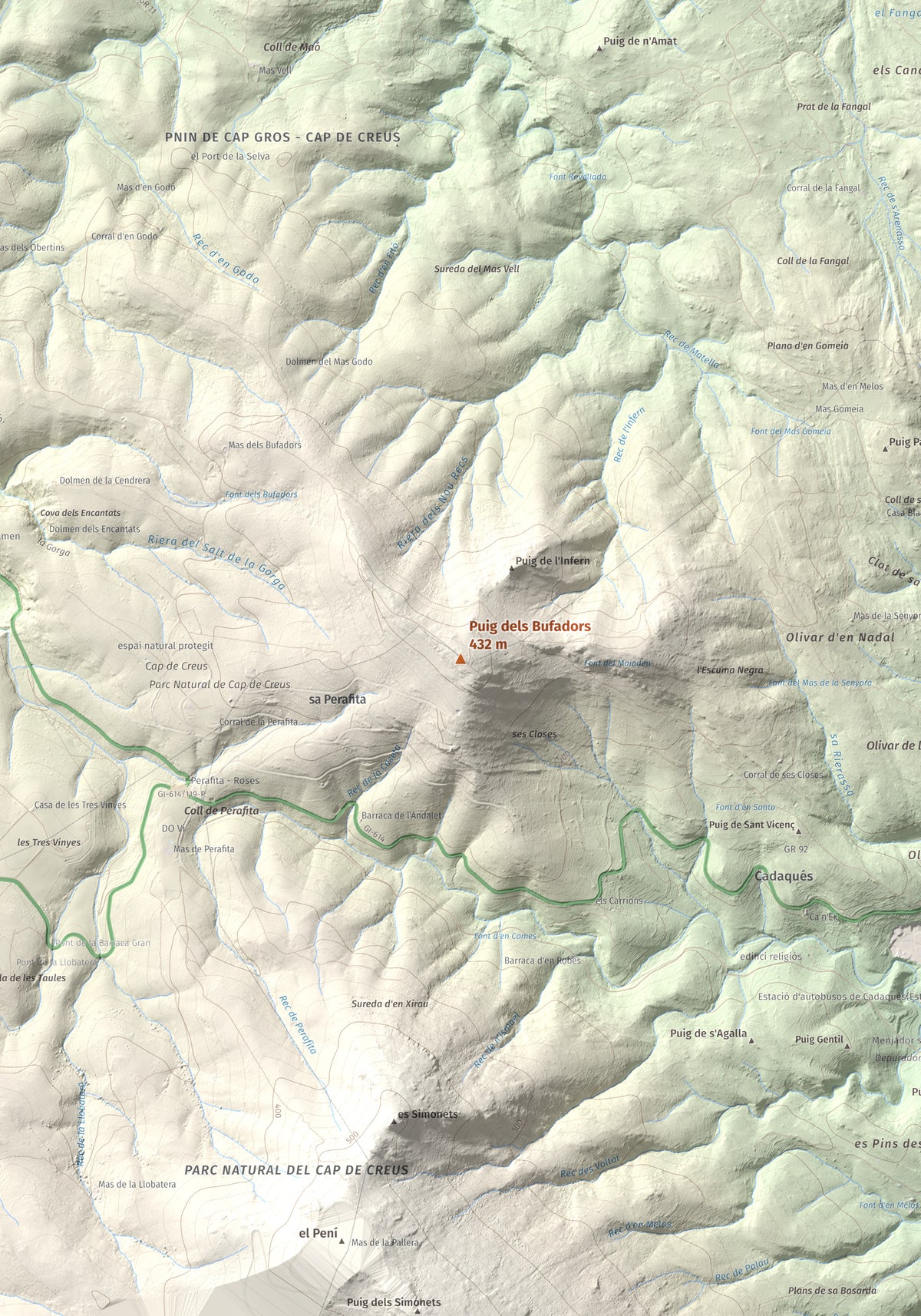 Mapa topogràfic del relleu: Puig dels Bufadors, 432 m. Detall de la zona central. 70 × 100 cm.