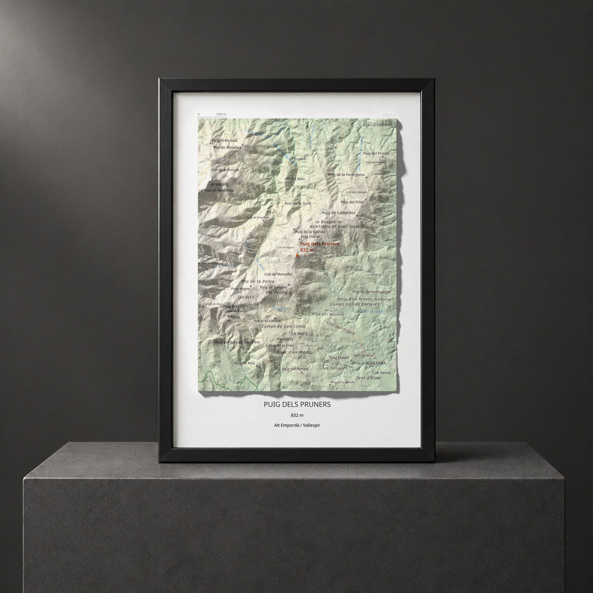 Mapa de relieve de Puig dels Pruners, 832 m, Alt Empordà · Vallespir, lámina 100 Cims de Trobart. Presentación enmarcada. 21 × 30 cm.