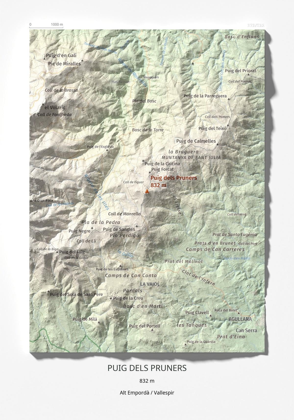 Mapa de relieve de Puig dels Pruners, 832 m, Alt Empordà · Vallespir, lámina 100 Cims de Trobart 21 × 30 cm.