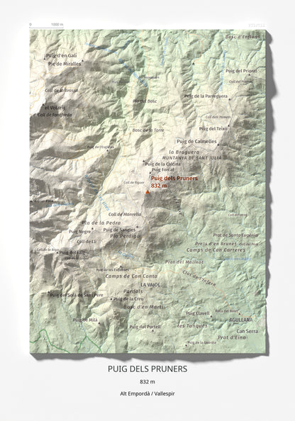 Mapa de relieve de Puig dels Pruners, 832 m, Alt Empordà · Vallespir, lámina 100 Cims de Trobart 21 × 30 cm.