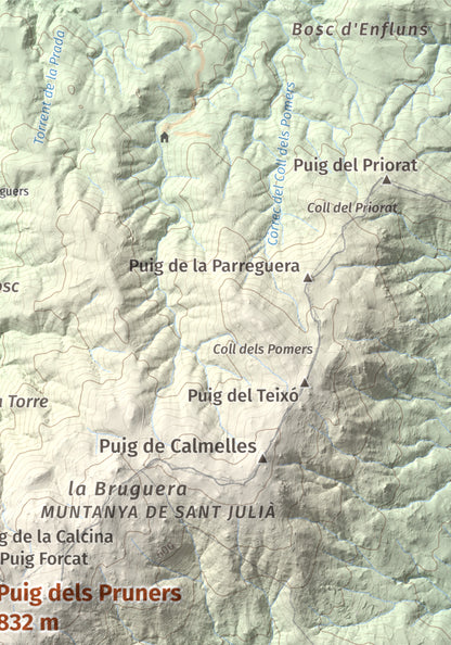Mapa de relieve de Puig dels Pruners, 832 m, Alt Empordà · Vallespir, lámina 100 Cims de Trobart. Detalle de la zona superior derecha. 21 × 30 cm.