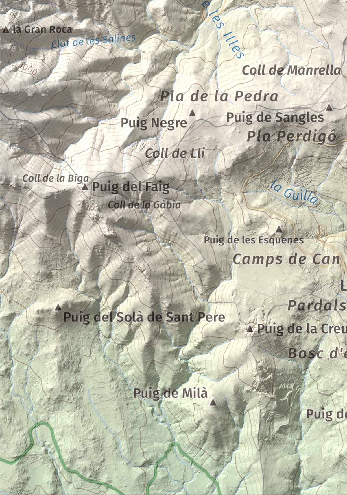 Mapa de relieve de Puig dels Pruners, 832 m, Alt Empordà · Vallespir, lámina 100 Cims de Trobart. Detalle de la zona inferior izquierda. 21 × 30 cm.