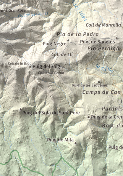 Mapa de relieve de Puig dels Pruners, 832 m, Alt Empordà · Vallespir, lámina 100 Cims de Trobart. Detalle de la zona inferior izquierda. 21 × 30 cm.