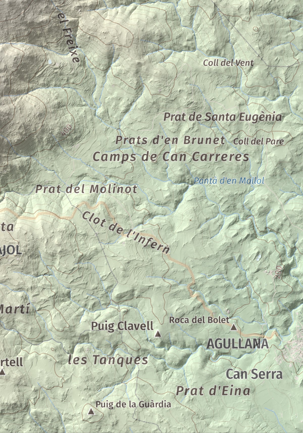 Mapa de relieve de Puig dels Pruners, 832 m, Alt Empordà · Vallespir, lámina 100 Cims de Trobart. Detalle de la zona inferior derecha. 21 × 30 cm.