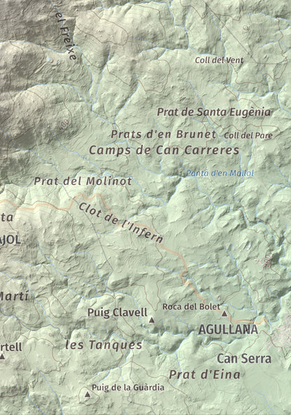 Mapa de relieve de Puig dels Pruners, 832 m, Alt Empordà · Vallespir, lámina 100 Cims de Trobart. Detalle de la zona inferior derecha. 21 × 30 cm.