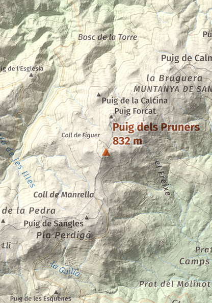 Mapa de relieve de Puig dels Pruners, 832 m, Alt Empordà · Vallespir, lámina 100 Cims de Trobart. Detalle de la zona central. 21 × 30 cm.