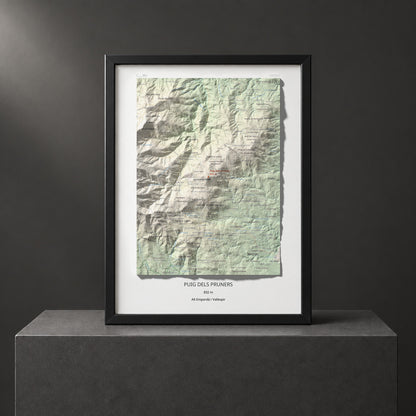 Mapa de relieve de Puig dels Pruners, 832 m, Alt Empordà · Vallespir, lámina 100 Cims de Trobart. Presentación enmarcada. 30 × 40 cm.