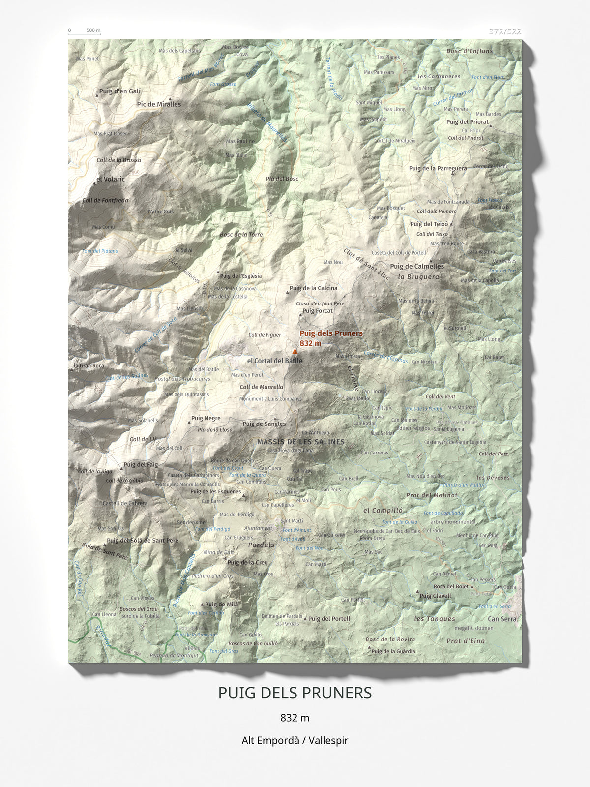 Mapa de relieve de Puig dels Pruners, 832 m, Alt Empordà · Vallespir, lámina 100 Cims de Trobart 30 × 40 cm.