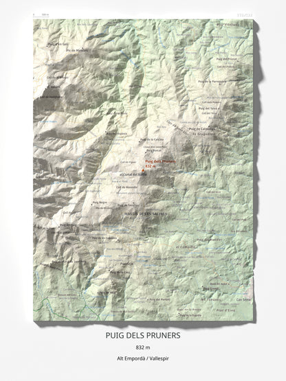 Mapa de relieve de Puig dels Pruners, 832 m, Alt Empordà · Vallespir, lámina 100 Cims de Trobart 30 × 40 cm.
