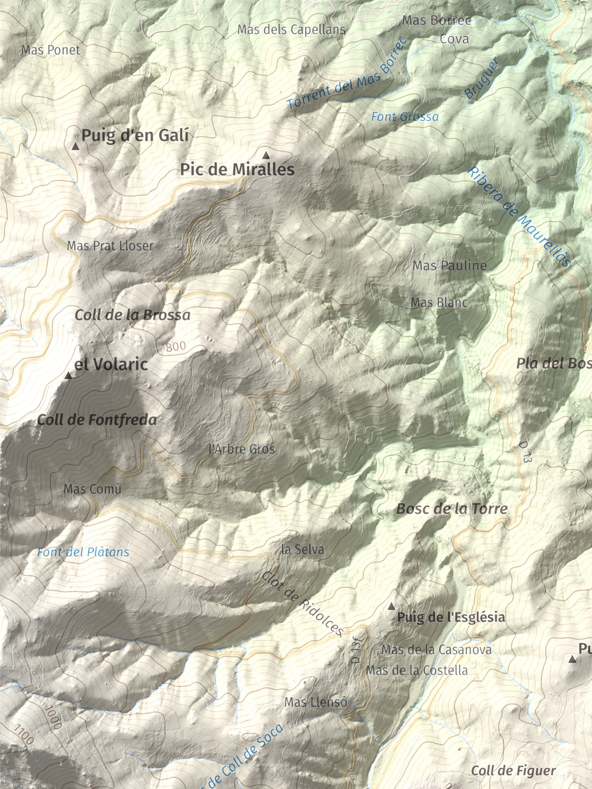 Mapa de relieve de Puig dels Pruners, 832 m, Alt Empordà · Vallespir, lámina 100 Cims de Trobart. Detalle de la zona superior izquierda. 30 × 40 cm.