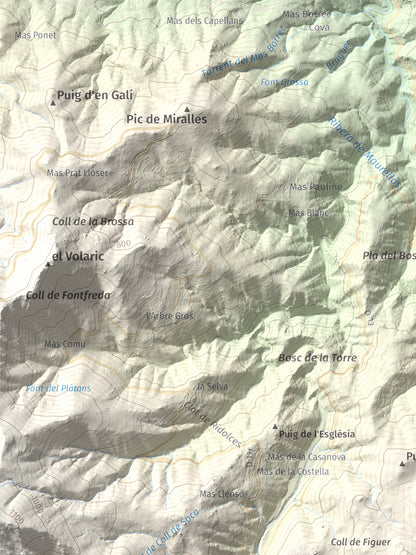 Mapa de relieve de Puig dels Pruners, 832 m, Alt Empordà · Vallespir, lámina 100 Cims de Trobart. Detalle de la zona superior izquierda. 30 × 40 cm.