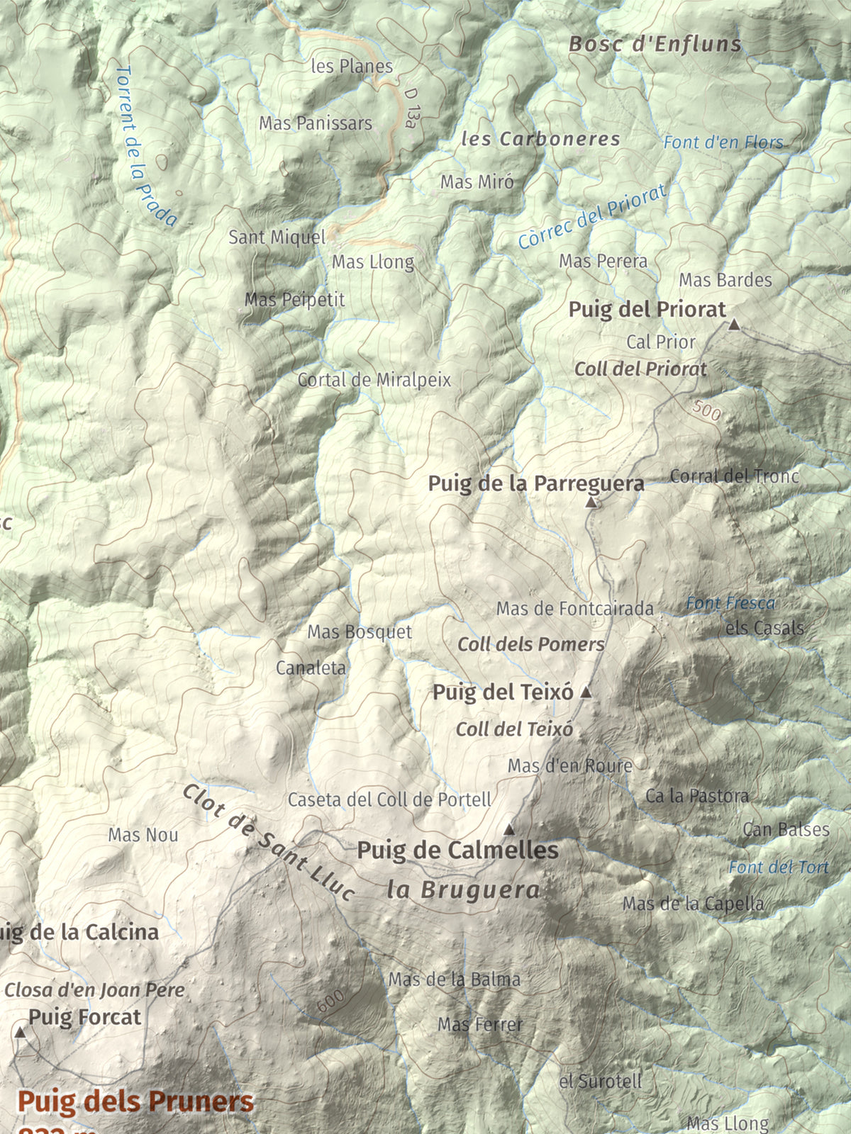 Mapa de relieve de Puig dels Pruners, 832 m, Alt Empordà · Vallespir, lámina 100 Cims de Trobart. Detalle de la zona superior derecha. 30 × 40 cm.