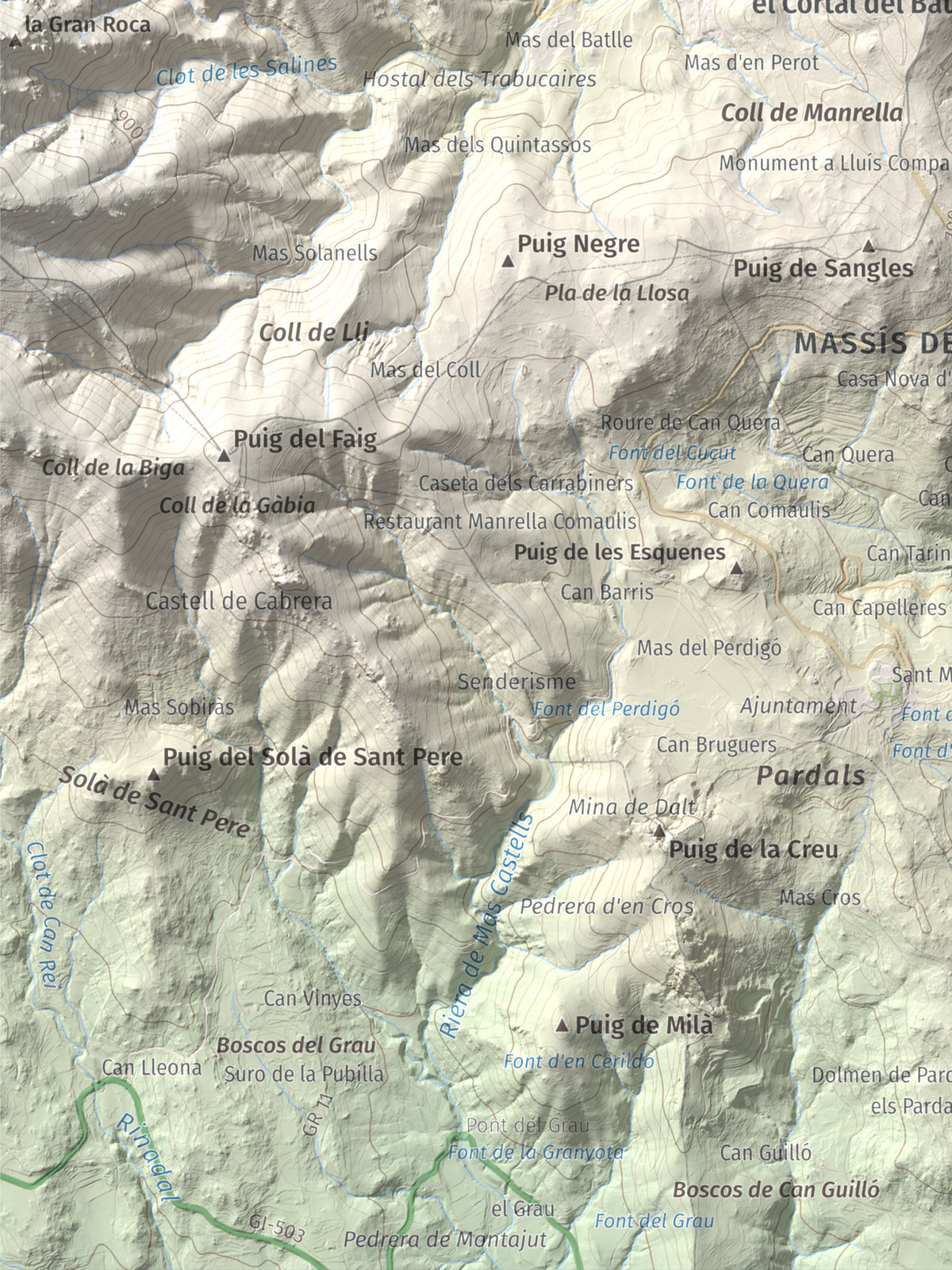 Mapa de relieve de Puig dels Pruners, 832 m, Alt Empordà · Vallespir, lámina 100 Cims de Trobart. Detalle de la zona inferior izquierda. 30 × 40 cm.