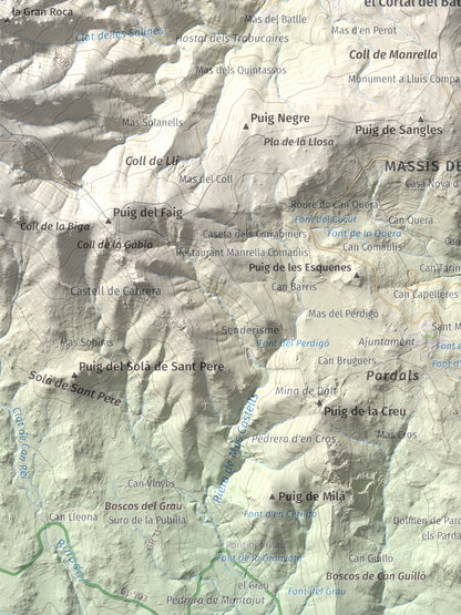 Mapa de relieve de Puig dels Pruners, 832 m, Alt Empordà · Vallespir, lámina 100 Cims de Trobart. Detalle de la zona inferior izquierda. 30 × 40 cm.