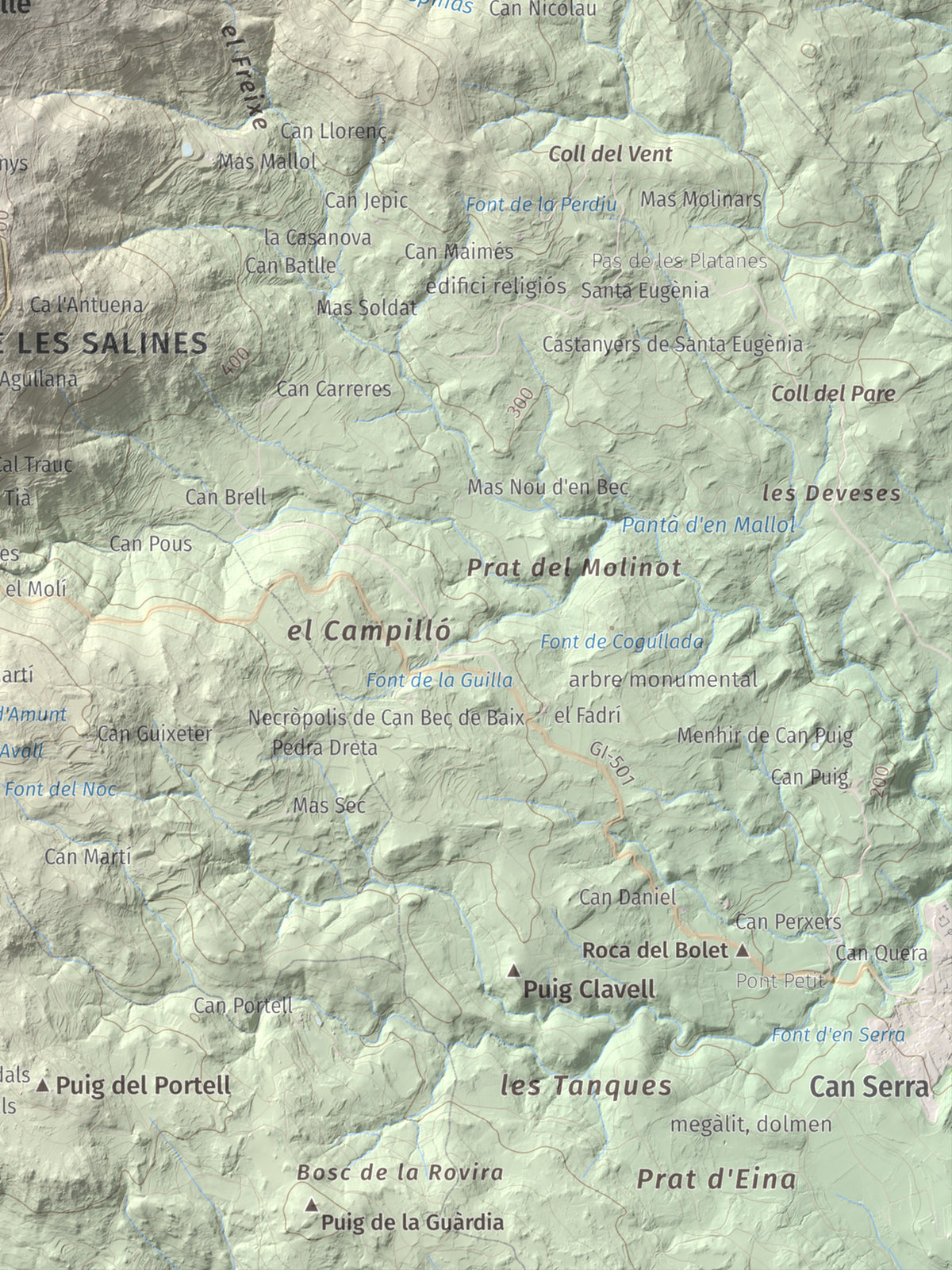 Mapa de relieve de Puig dels Pruners, 832 m, Alt Empordà · Vallespir, lámina 100 Cims de Trobart. Detalle de la zona inferior derecha. 30 × 40 cm.