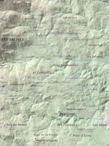 Mapa de relieve de Puig dels Pruners, 832 m, Alt Empordà · Vallespir, lámina 100 Cims de Trobart. Detalle de la zona inferior derecha. 30 × 40 cm.