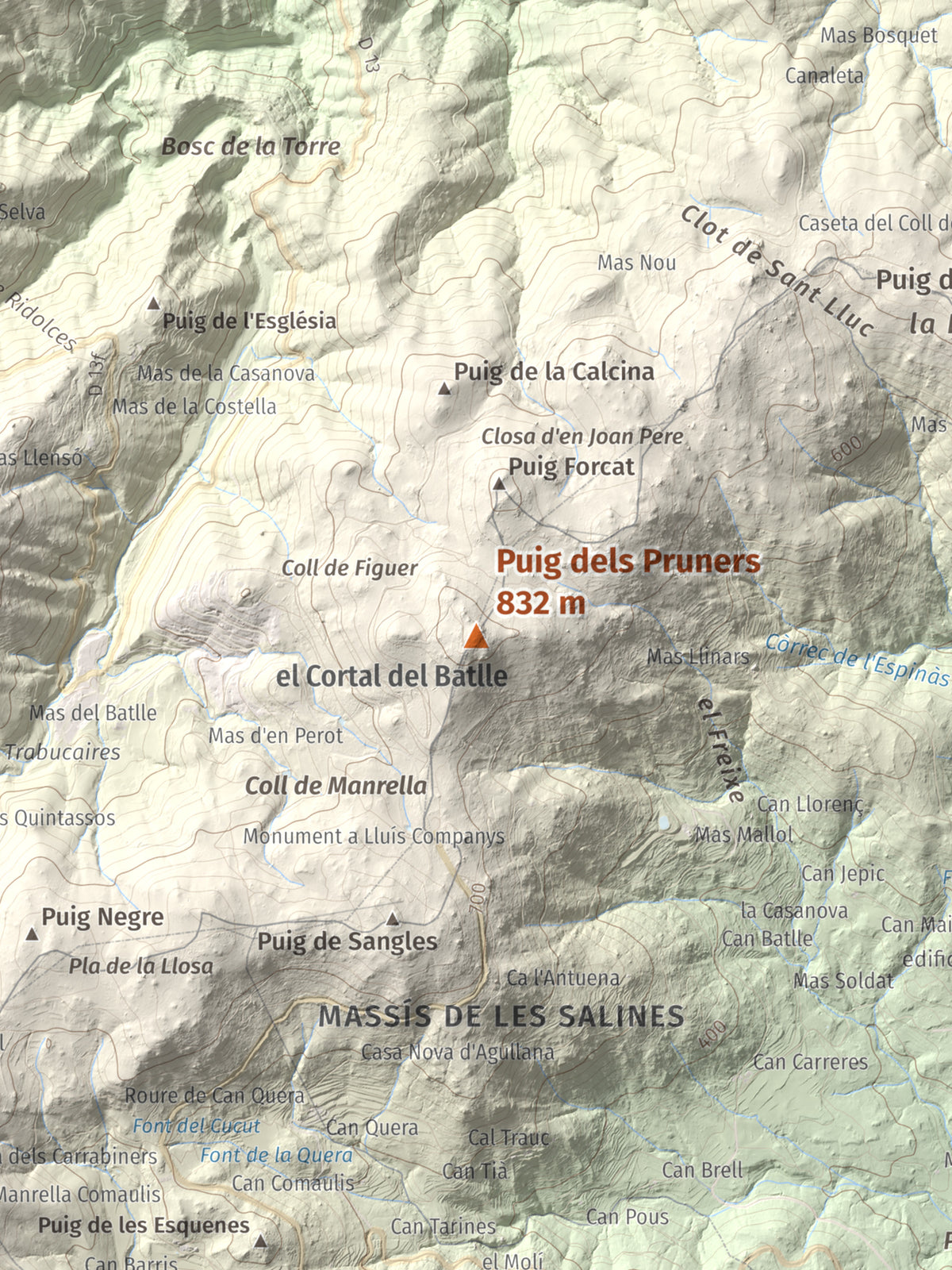 Mapa de relieve de Puig dels Pruners, 832 m, Alt Empordà · Vallespir, lámina 100 Cims de Trobart. Detalle de la zona central. 30 × 40 cm.