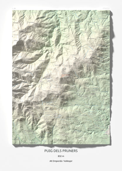 Mapa de relieve de Puig dels Pruners, 832 m, Alt Empordà · Vallespir, lámina 100 Cims de Trobart 50 × 70 cm.