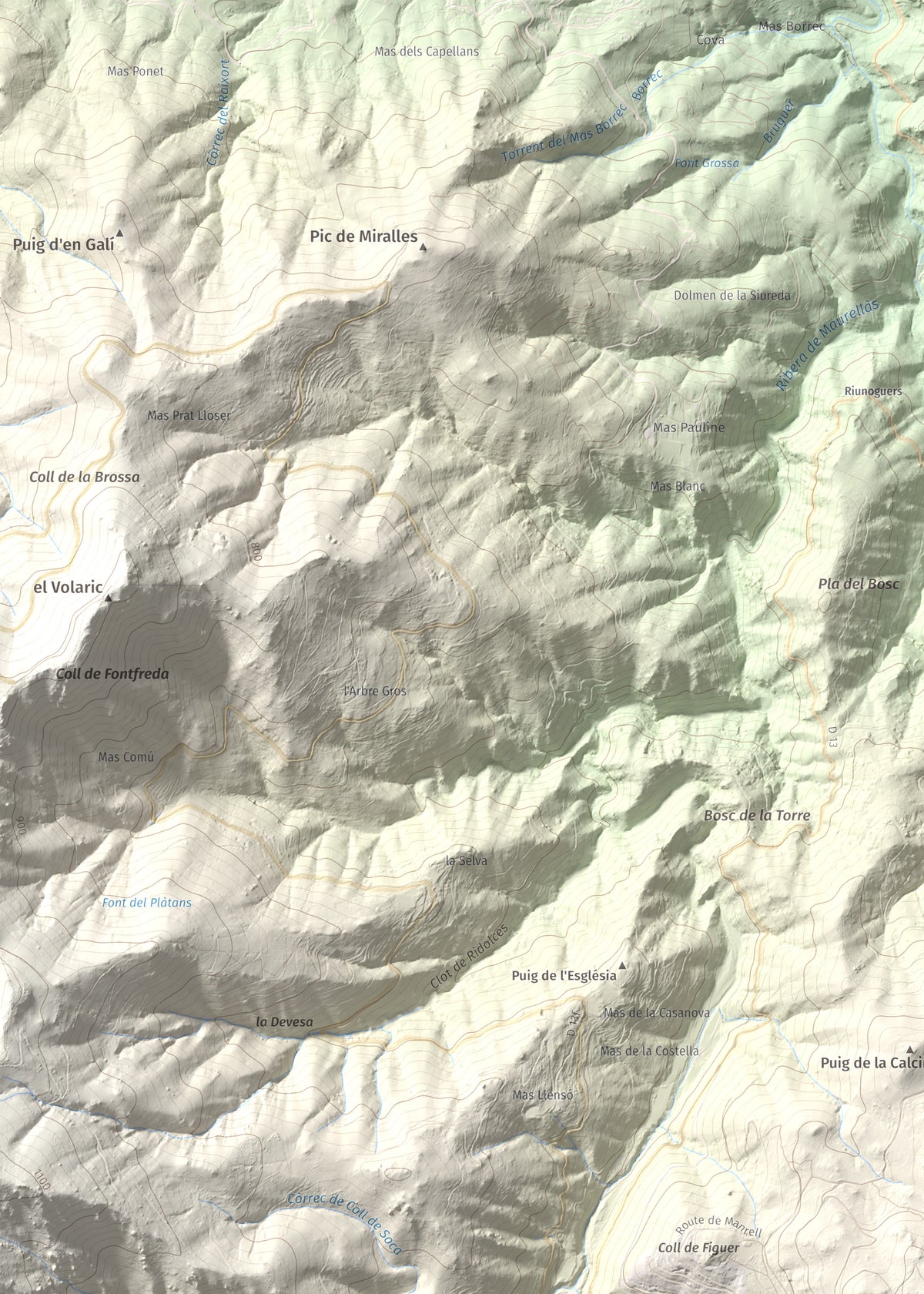 Mapa de relieve de Puig dels Pruners, 832 m, Alt Empordà · Vallespir, lámina 100 Cims de Trobart. Detalle de la zona superior izquierda. 50 × 70 cm.