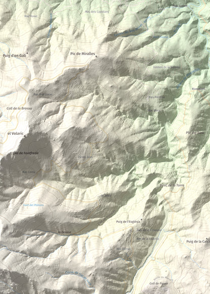 Mapa de relieve de Puig dels Pruners, 832 m, Alt Empordà · Vallespir, lámina 100 Cims de Trobart. Detalle de la zona superior izquierda. 50 × 70 cm.