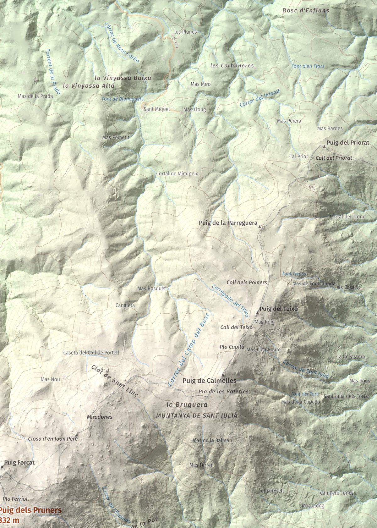Mapa de relieve de Puig dels Pruners, 832 m, Alt Empordà · Vallespir, lámina 100 Cims de Trobart. Detalle de la zona superior derecha. 50 × 70 cm.