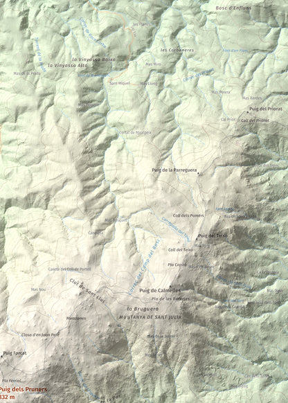 Mapa de relieve de Puig dels Pruners, 832 m, Alt Empordà · Vallespir, lámina 100 Cims de Trobart. Detalle de la zona superior derecha. 50 × 70 cm.