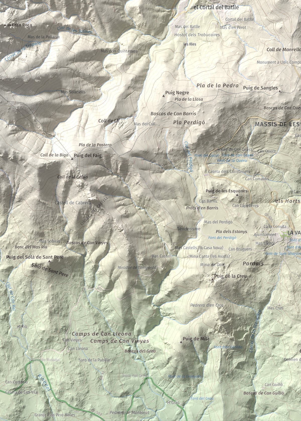 Mapa de relieve de Puig dels Pruners, 832 m, Alt Empordà · Vallespir, lámina 100 Cims de Trobart. Detalle de la zona inferior izquierda. 50 × 70 cm.
