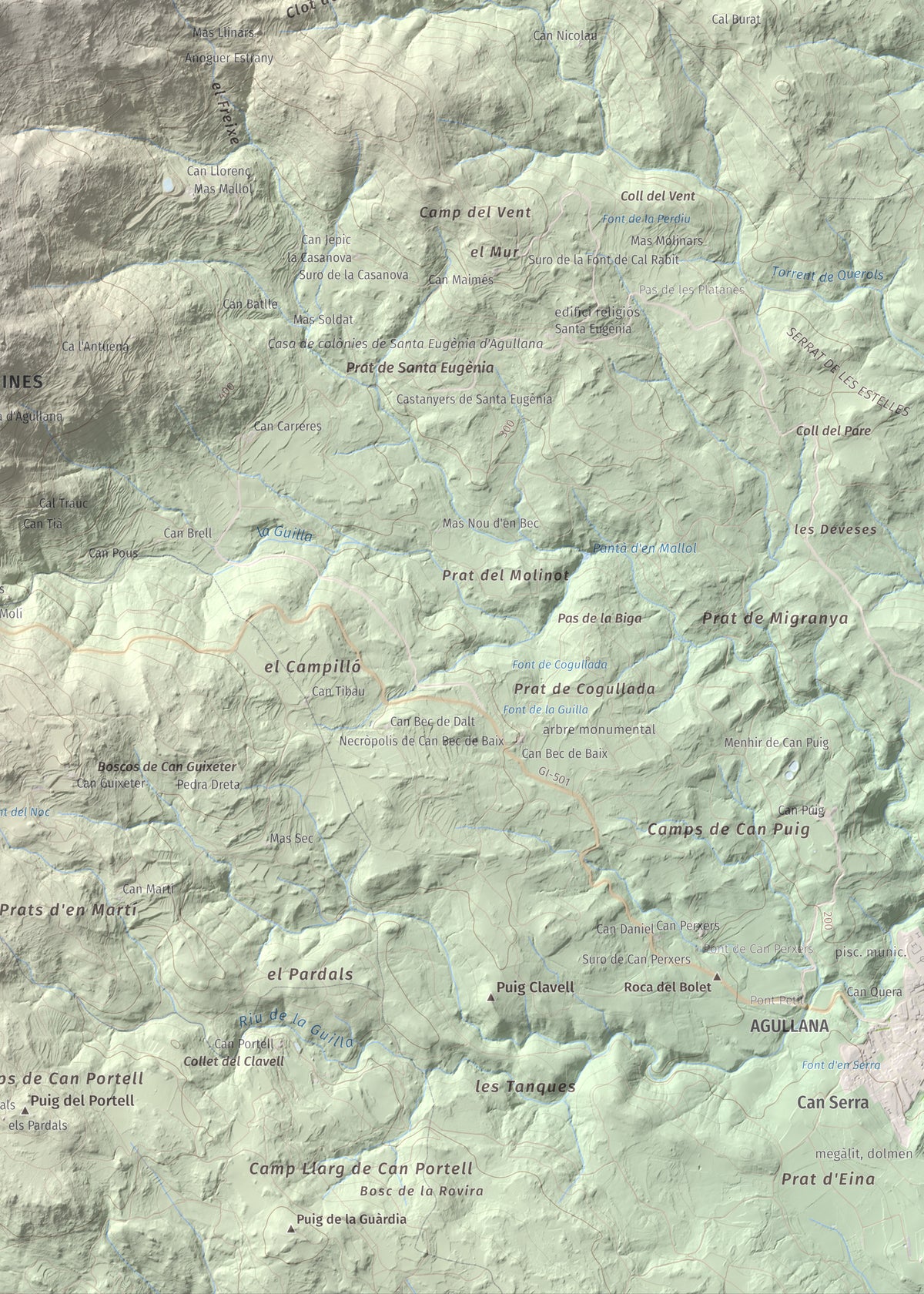 Mapa de relieve de Puig dels Pruners, 832 m, Alt Empordà · Vallespir, lámina 100 Cims de Trobart. Detalle de la zona inferior derecha. 50 × 70 cm.
