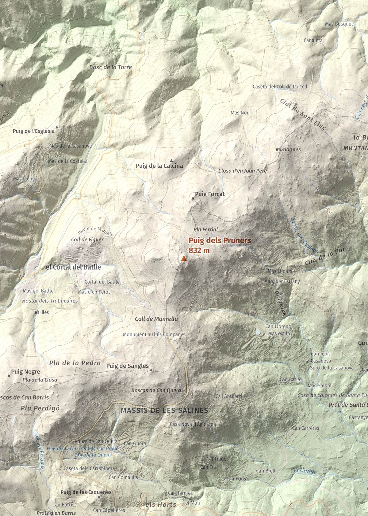 Mapa de relieve de Puig dels Pruners, 832 m, Alt Empordà · Vallespir, lámina 100 Cims de Trobart. Detalle de la zona central. 50 × 70 cm.