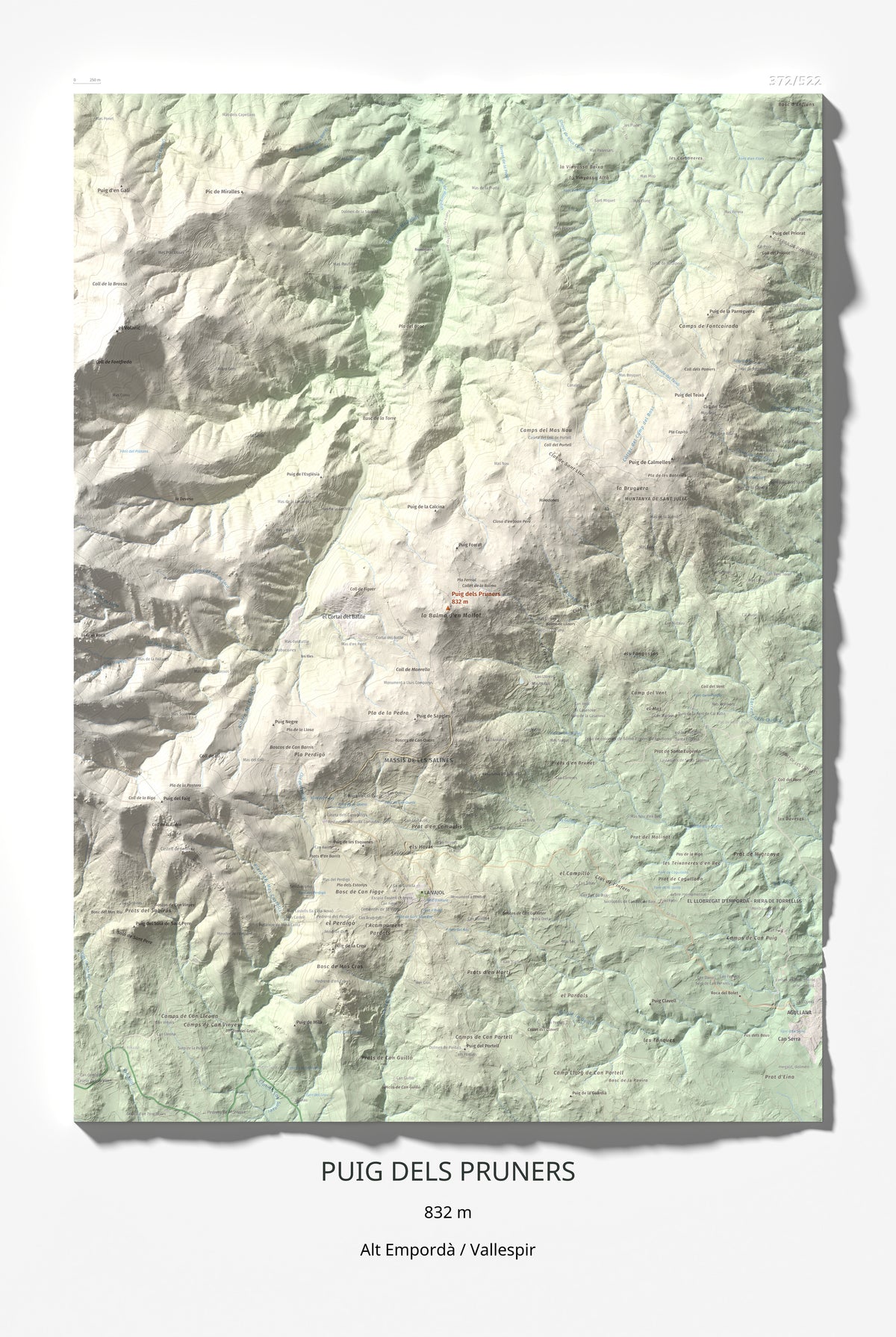 Mapa de relieve de Puig dels Pruners, 832 m, Alt Empordà · Vallespir, lámina 100 Cims de Trobart 61 × 91 cm.