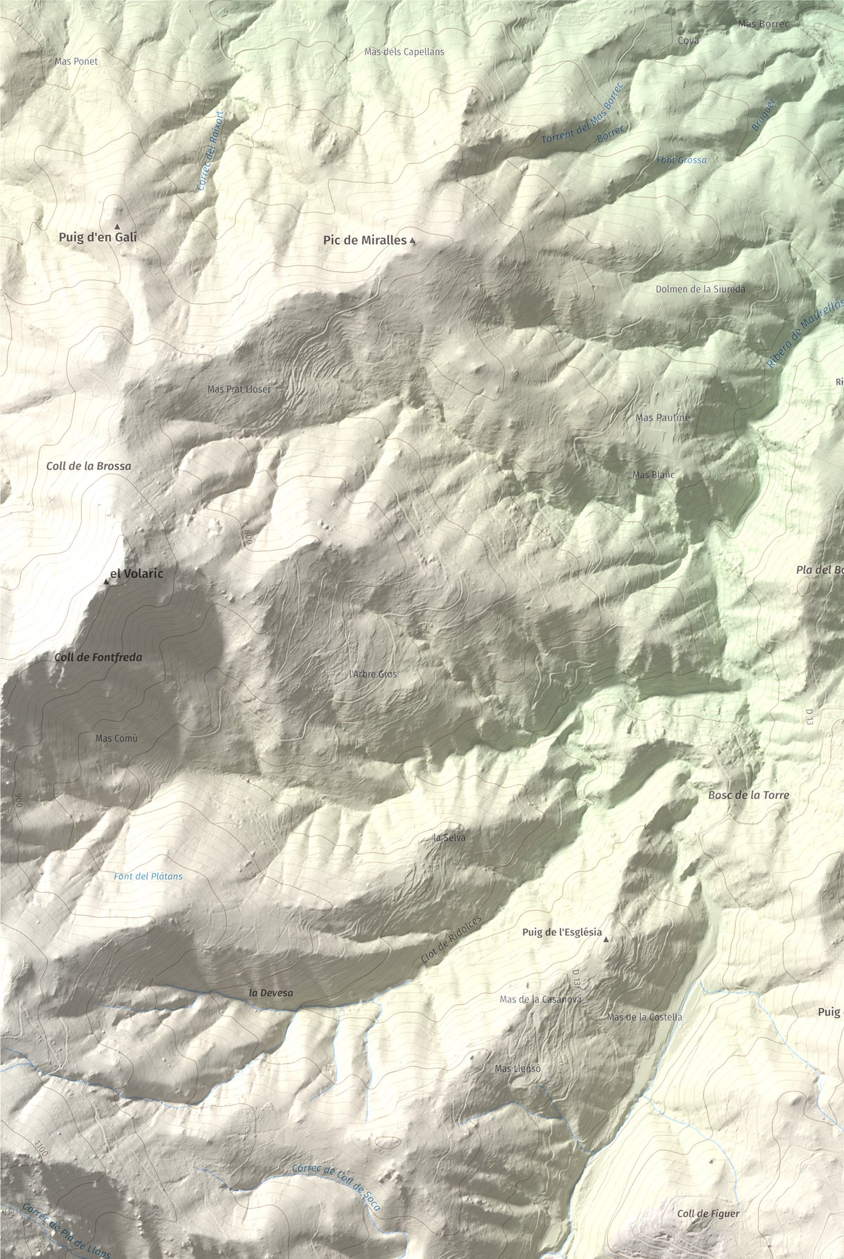 Mapa de relieve de Puig dels Pruners, 832 m, Alt Empordà · Vallespir, lámina 100 Cims de Trobart. Detalle de la zona superior izquierda. 61 × 91 cm.