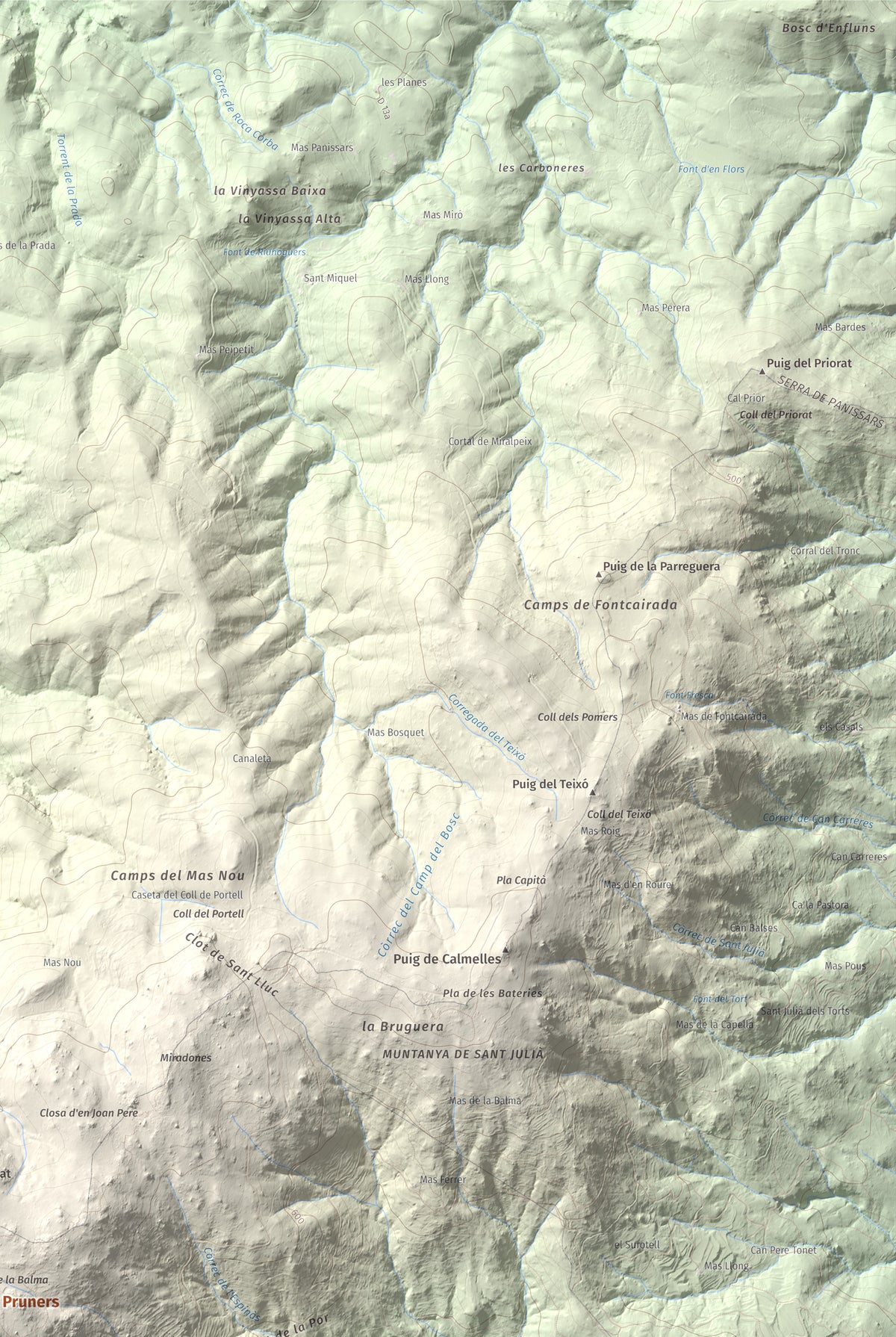 Mapa de relieve de Puig dels Pruners, 832 m, Alt Empordà · Vallespir, lámina 100 Cims de Trobart. Detalle de la zona superior derecha. 61 × 91 cm.