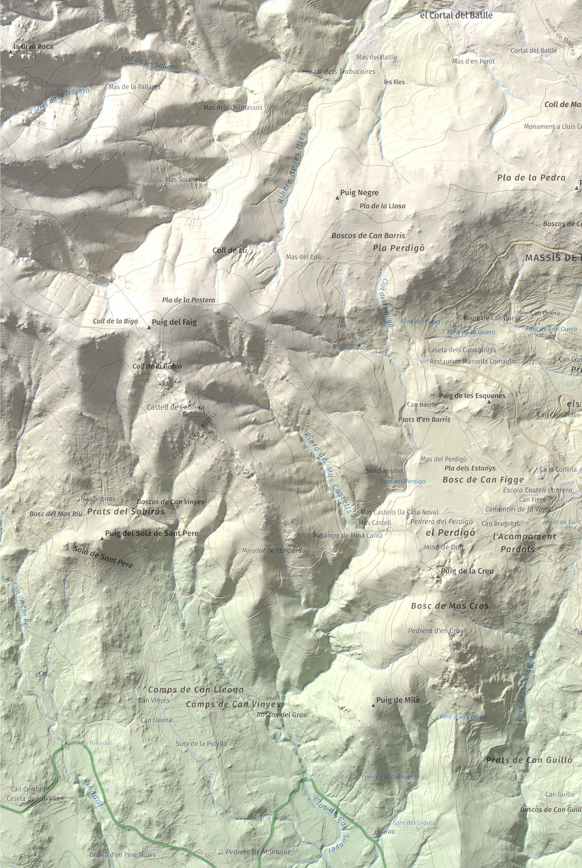 Mapa de relieve de Puig dels Pruners, 832 m, Alt Empordà · Vallespir, lámina 100 Cims de Trobart. Detalle de la zona inferior izquierda. 61 × 91 cm.