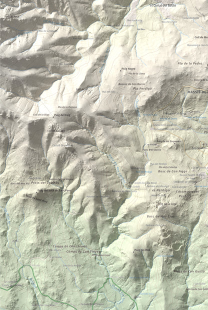 Mapa de relieve de Puig dels Pruners, 832 m, Alt Empordà · Vallespir, lámina 100 Cims de Trobart. Detalle de la zona inferior izquierda. 61 × 91 cm.