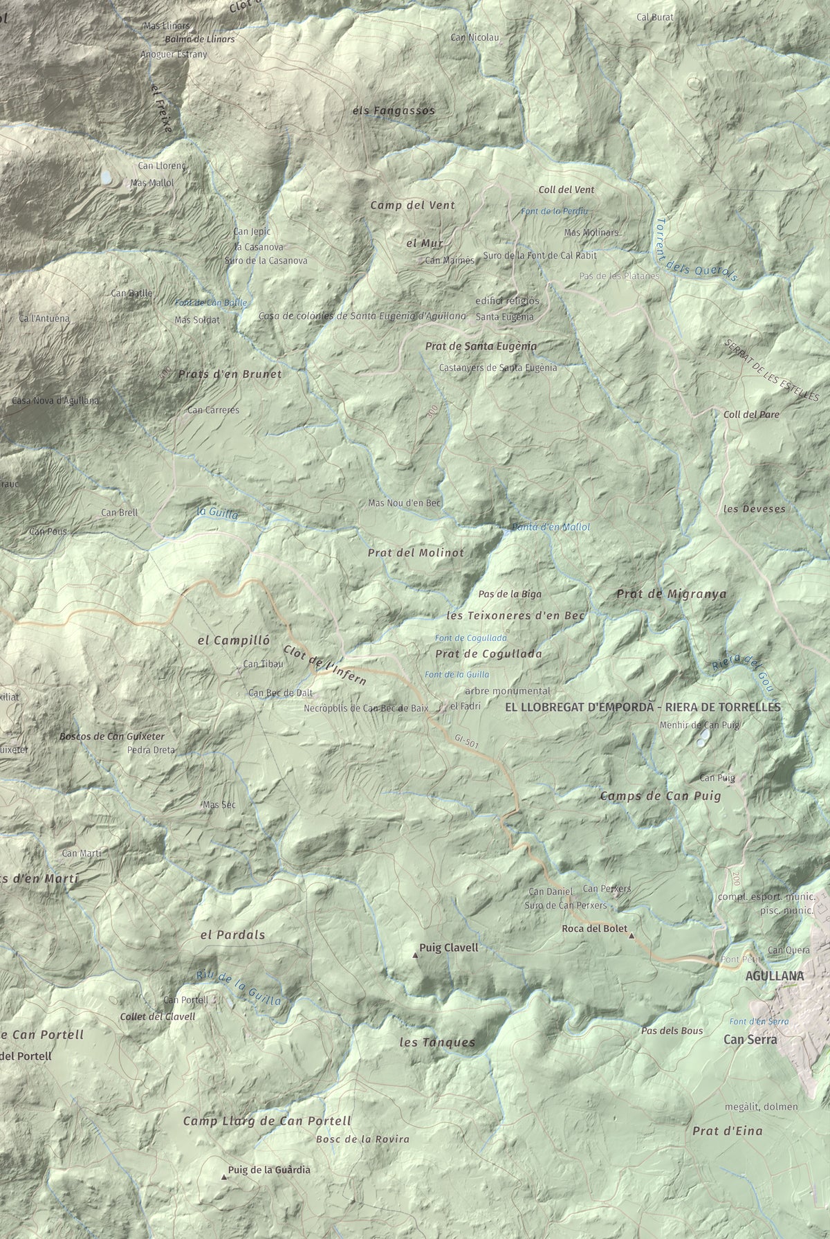 Mapa de relieve de Puig dels Pruners, 832 m, Alt Empordà · Vallespir, lámina 100 Cims de Trobart. Detalle de la zona inferior derecha. 61 × 91 cm.