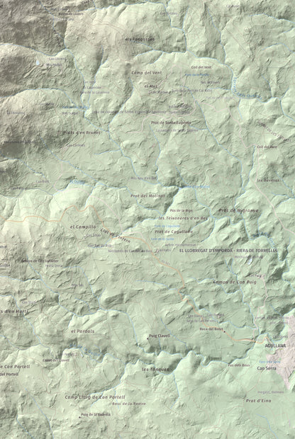 Mapa de relieve de Puig dels Pruners, 832 m, Alt Empordà · Vallespir, lámina 100 Cims de Trobart. Detalle de la zona inferior derecha. 61 × 91 cm.
