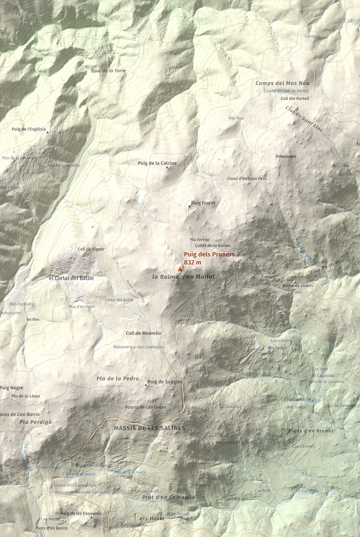 Mapa de relieve de Puig dels Pruners, 832 m, Alt Empordà · Vallespir, lámina 100 Cims de Trobart. Detalle de la zona central. 61 × 91 cm.