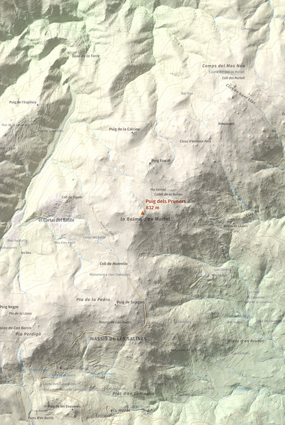 Mapa de relieve de Puig dels Pruners, 832 m, Alt Empordà · Vallespir, lámina 100 Cims de Trobart. Detalle de la zona central. 61 × 91 cm.