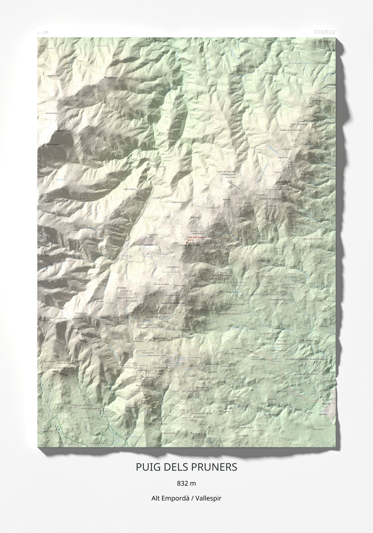 Mapa de relieve de Puig dels Pruners, 832 m, Alt Empordà · Vallespir, lámina 100 Cims de Trobart 70 × 100 cm.