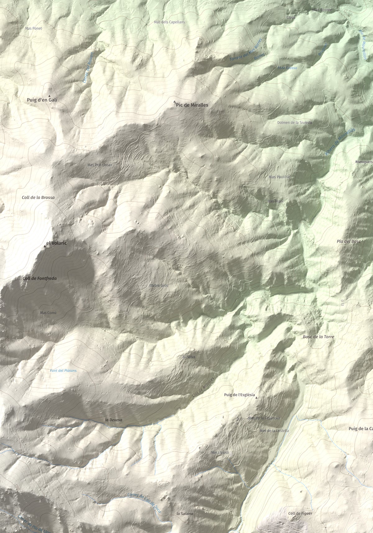 Mapa de relieve de Puig dels Pruners, 832 m, Alt Empordà · Vallespir, lámina 100 Cims de Trobart. Detalle de la zona superior izquierda. 70 × 100 cm.