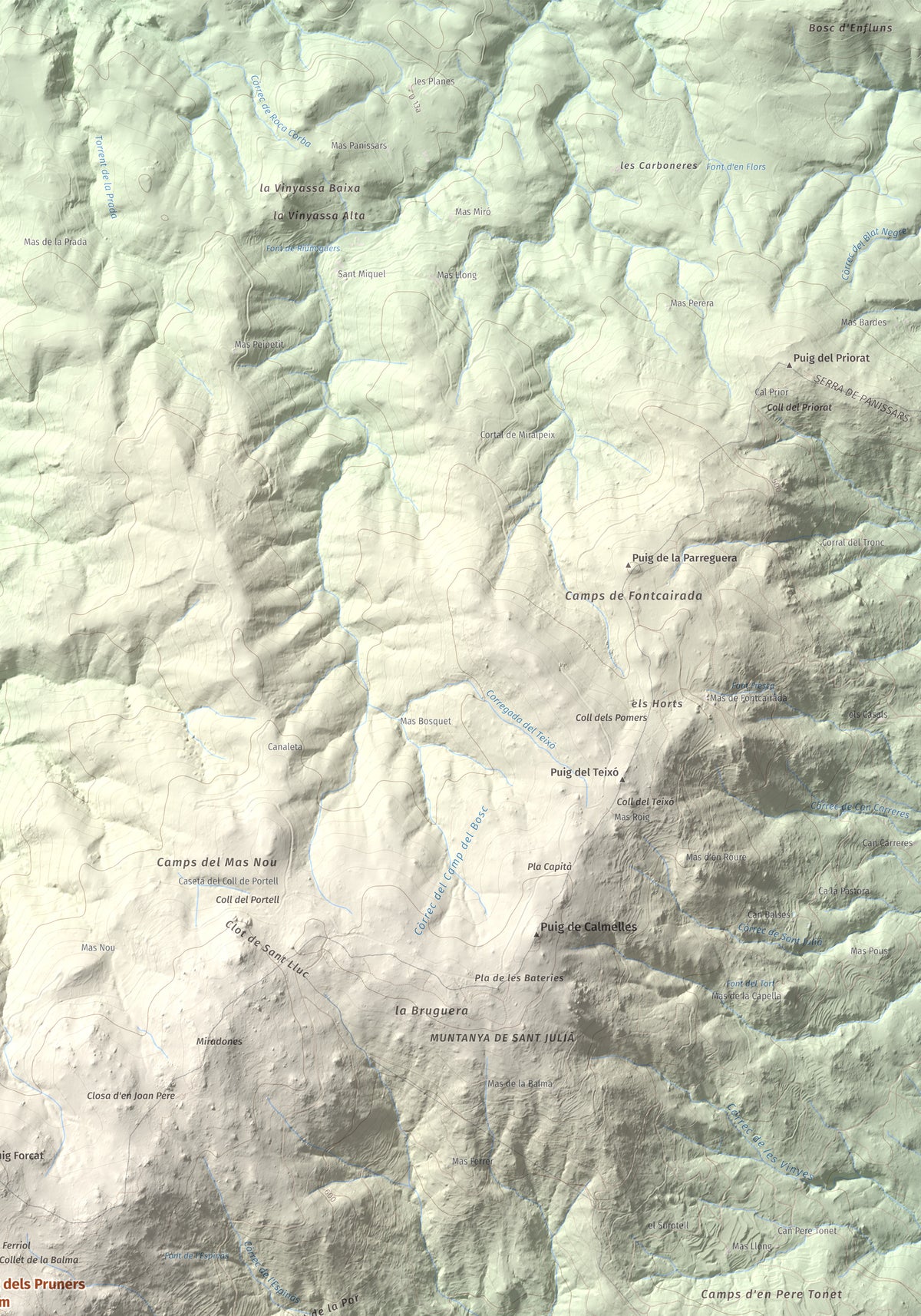 Mapa de relieve de Puig dels Pruners, 832 m, Alt Empordà · Vallespir, lámina 100 Cims de Trobart. Detalle de la zona superior derecha. 70 × 100 cm.