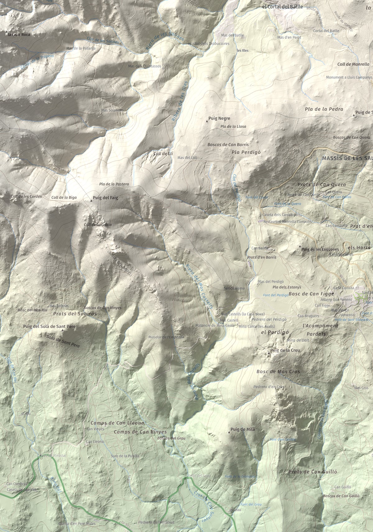 Mapa de relieve de Puig dels Pruners, 832 m, Alt Empordà · Vallespir, lámina 100 Cims de Trobart. Detalle de la zona inferior izquierda. 70 × 100 cm.