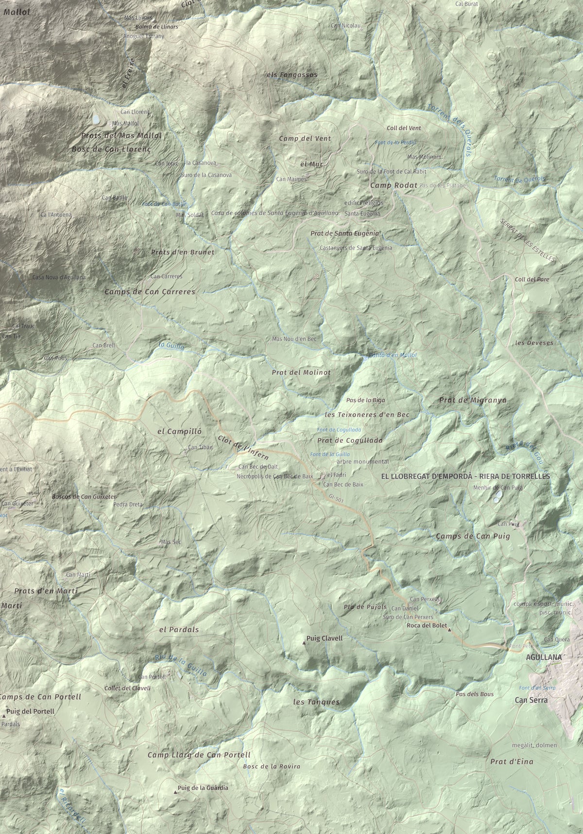 Mapa de relieve de Puig dels Pruners, 832 m, Alt Empordà · Vallespir, lámina 100 Cims de Trobart. Detalle de la zona inferior derecha. 70 × 100 cm.