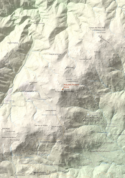 Mapa de relieve de Puig dels Pruners, 832 m, Alt Empordà · Vallespir, lámina 100 Cims de Trobart. Detalle de la zona central. 70 × 100 cm.