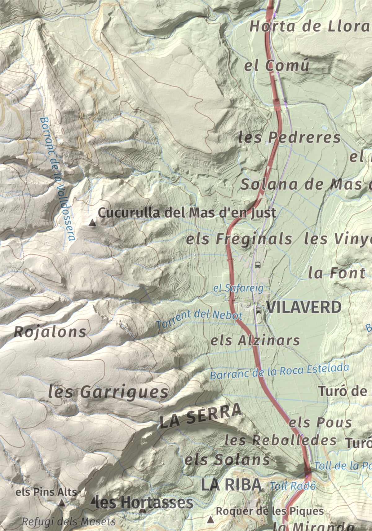 Mapa de relieve de Puigcabrer, 524 m, Alt Camp, lámina 100 Cims de Trobart. Detalle de la zona superior izquierda. 21 × 30 cm.