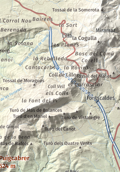 Mapa de relieve de Puigcabrer, 524 m, Alt Camp, lámina 100 Cims de Trobart. Detalle de la zona superior derecha. 21 × 30 cm.