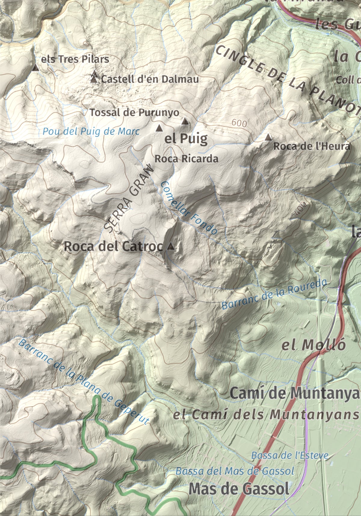 Mapa de relieve de Puigcabrer, 524 m, Alt Camp, lámina 100 Cims de Trobart. Detalle de la zona inferior izquierda. 21 × 30 cm.
