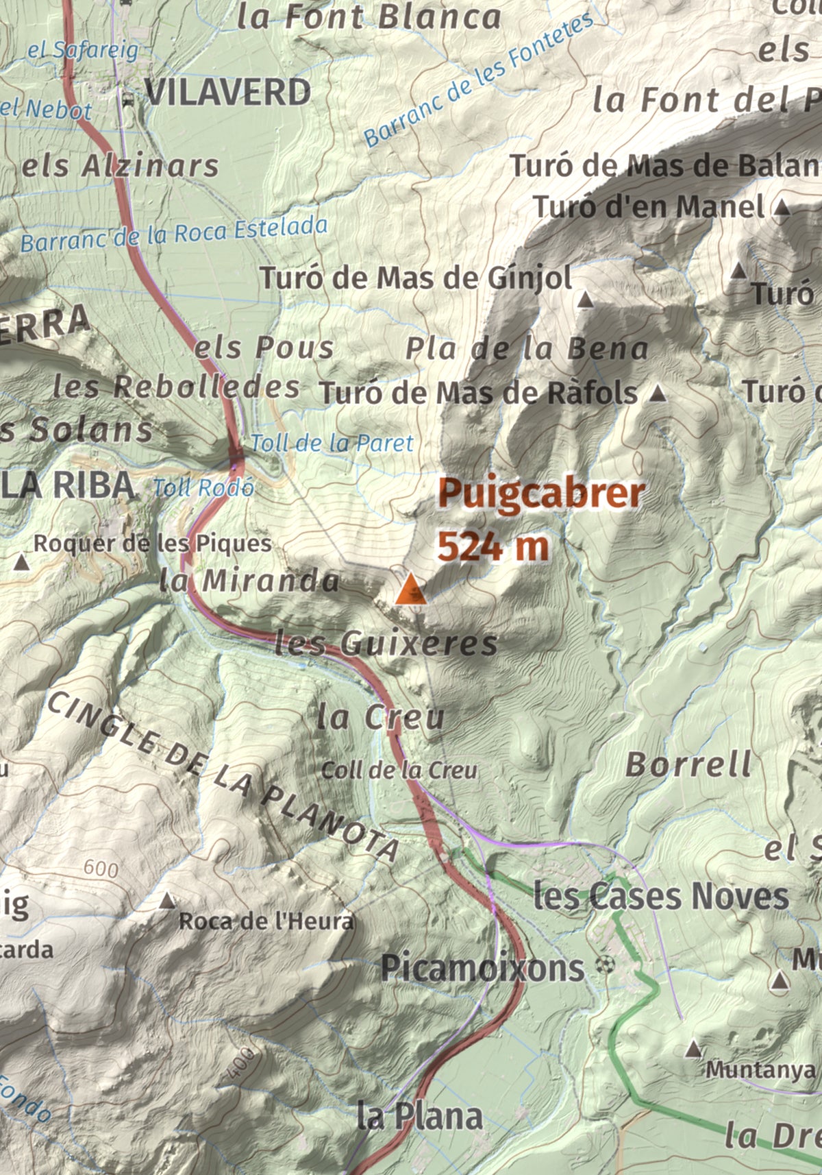 Mapa de relieve de Puigcabrer, 524 m, Alt Camp, lámina 100 Cims de Trobart. Detalle de la zona central. 21 × 30 cm.