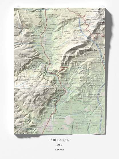 Mapa de relieve de Puigcabrer, 524 m, Alt Camp, lámina 100 Cims de Trobart 30 × 40 cm.