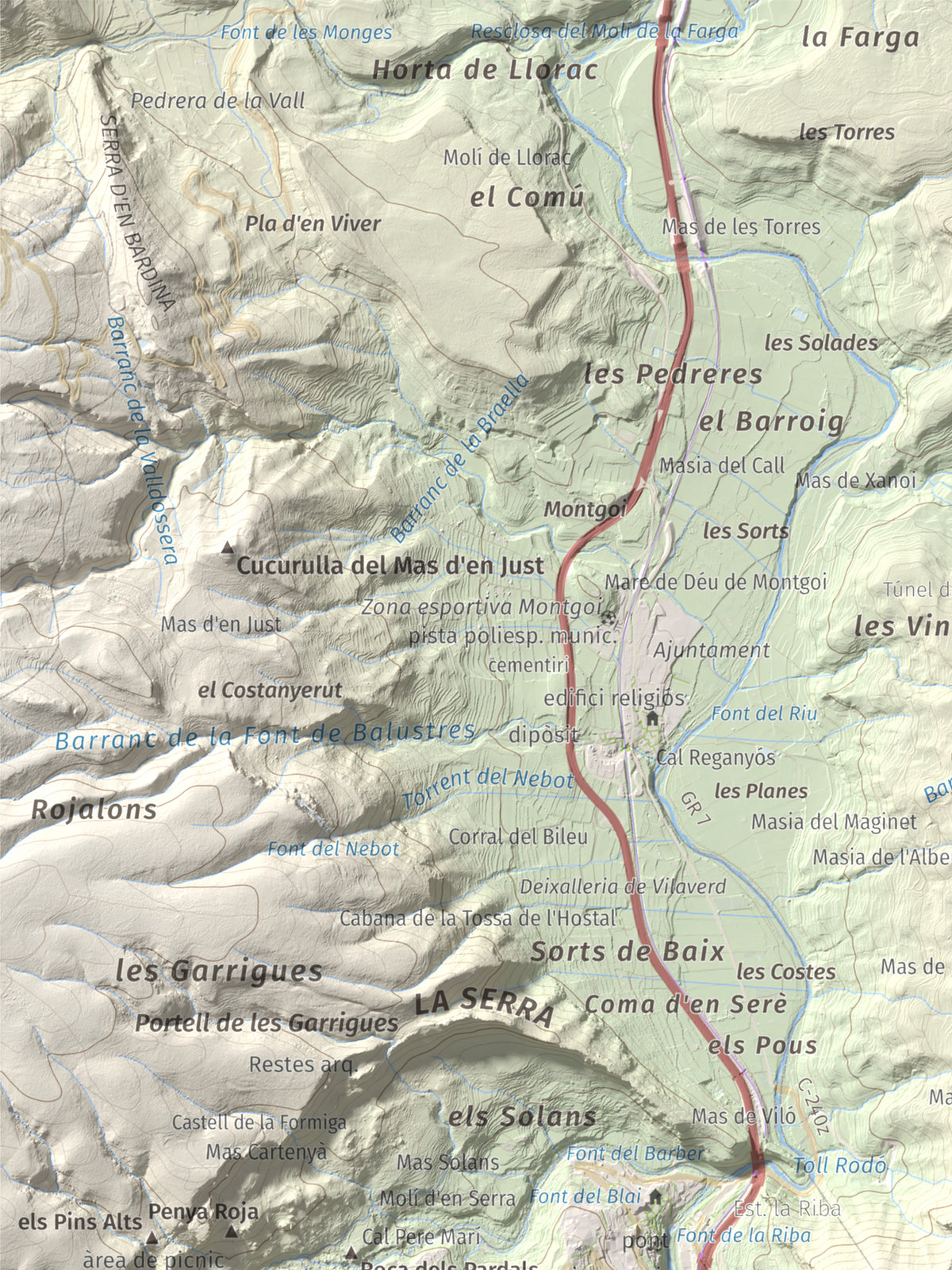 Mapa de relieve de Puigcabrer, 524 m, Alt Camp, lámina 100 Cims de Trobart. Detalle de la zona superior izquierda. 30 × 40 cm.
